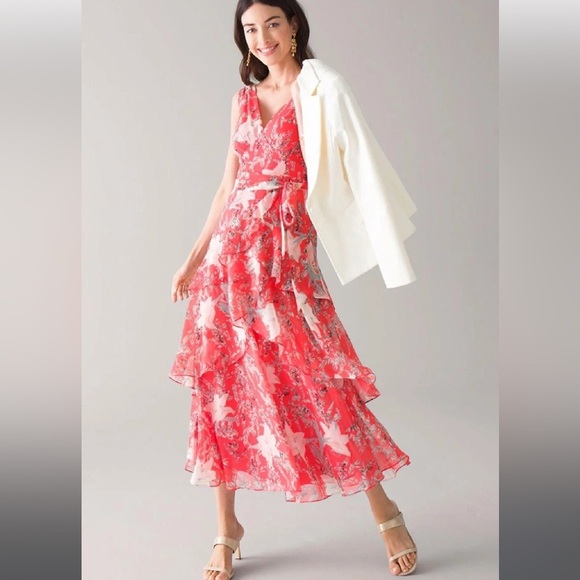 WHBM Coral Flirty Floral Print Midi Dress - Picture 4 of 14